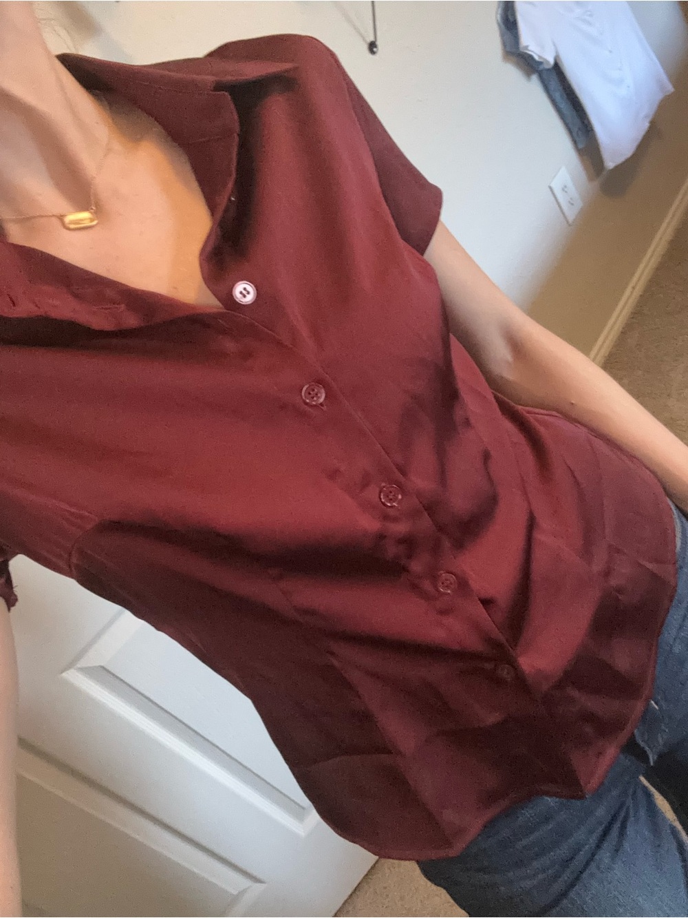Silky Short Sleeve Button-Down Shirt - Burgundy